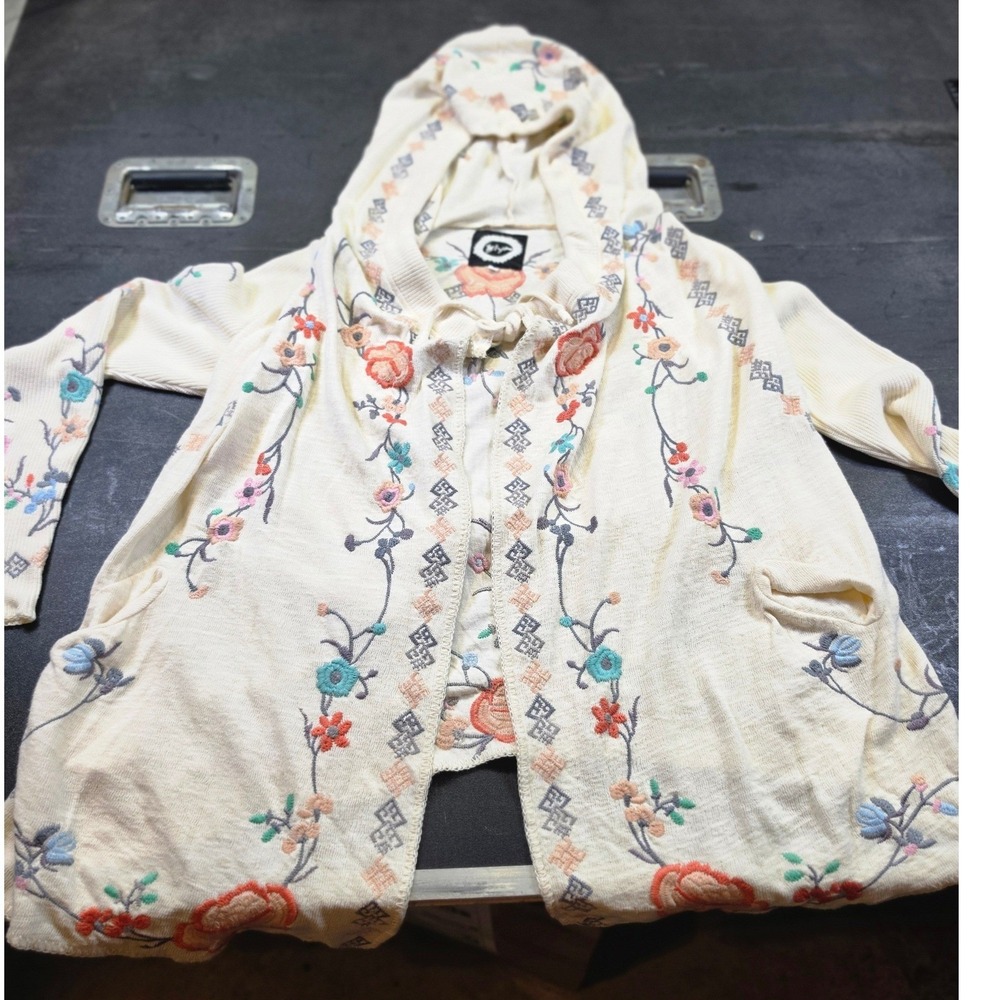 Biya Johnny Was Embroidered Hooded Cardigan Cream Floral Boho Sweater $445 Small